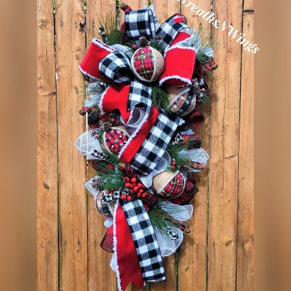 Christmas Wreath, Buffalo Check Burlap Wreath, Buffalo plaid Wreath, Farmhouse - Picture 1 of 6